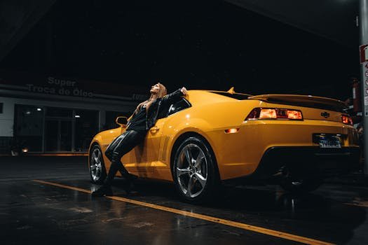 pexels-photo-31759265-31759265 Fashionable woman in leather outfit leaning on a yellow sports car under a starry night sky at a gas station.