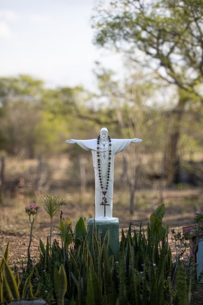 A serene statue of Jesus Christ in a natural setting in Jatobá do Piauí, Brazil.